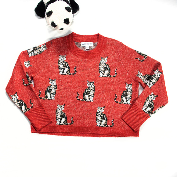 NWT red cat Wildfox knit cropped sweater - Picture 1 of 6